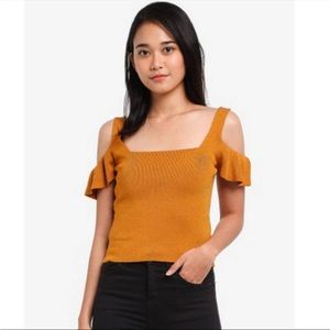 Topshop cold shoulder ruffle sleeve mustard top Size 14